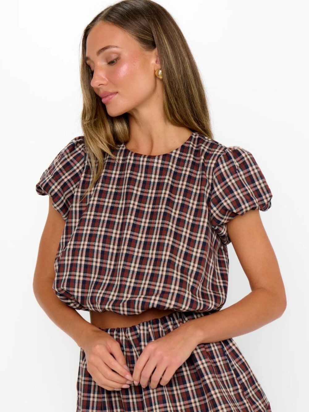 Show Me Your Mumu Highland Crop Top in Brown Saddle Plaid